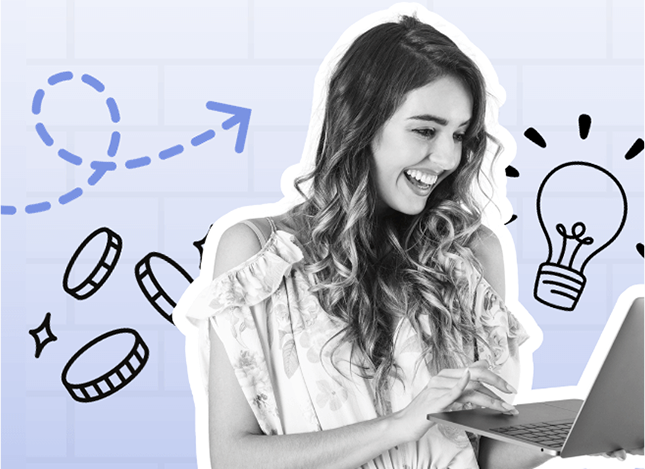 Woman with laptop and education icons