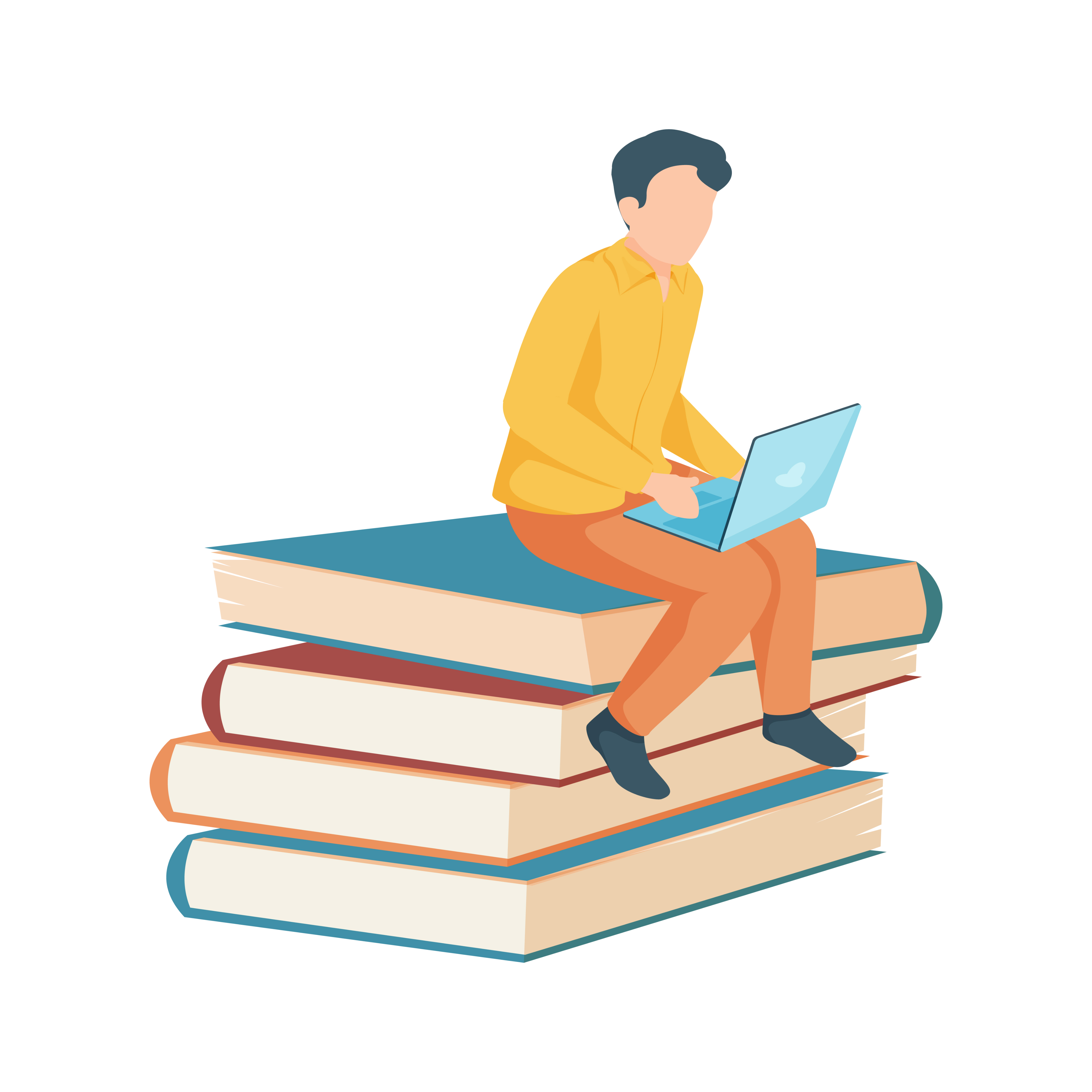 Student learning illustration - Person sitting on stack of books with laptop